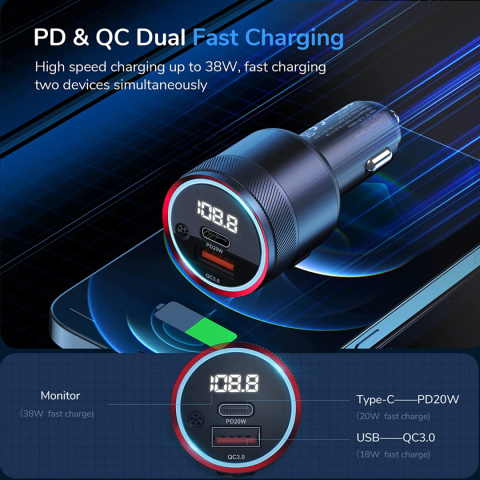 Transmiter FM Zestaw głośnomówiący BT QC3.0 USB C Transmiter FM Zestaw głośnomówiący BT QC3.0 USB C