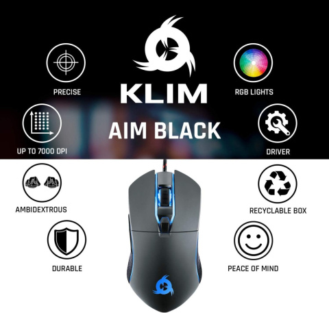 Przewodowa mysz KLIM AIM gamingowa optyczna RGB czarna DPI 7000 Przewodowa mysz KLIM AIM gamingowa optyczna RGB czarna DPI 7000