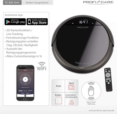 Robot sprzątający WiFi Profi-Care PC-BSR 3043 aplikacja język polski czarny Robot sprzątający WiFi Profi-Care PC-BSR 3043 aplikacja język polski czarny