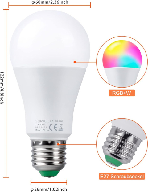 Żarówka LED E27 10W RGBW oświetlenie żarówki + pilot 2szt ciepły biały