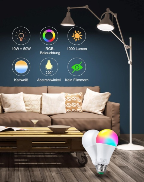 Żarówka LED E27 10W RGBW oświetlenie żarówki + pilot 2szt ciepły biały