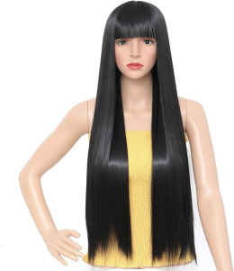 Peruka długie włosy czarny damska syntetyczna 75cm proste grzywka