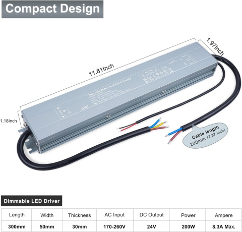 Zasilacz sterownik REYLAX IP67 przełącznik do LED 200W 260 V AC 24 V Zasilacz sterownik REYLAX IP67 przełącznik do LED 200W 260 V AC 24 V