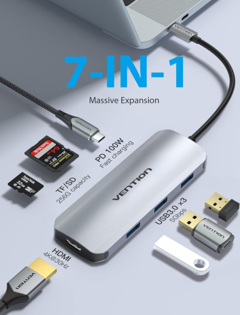 Koncentrator HUB VENTION TOJHB 7w1 USB C do PC Laptop tablet smartfon Koncentrator HUB VENTION TOJHB 7w1 USB C do PC Laptop tablet smartfon
