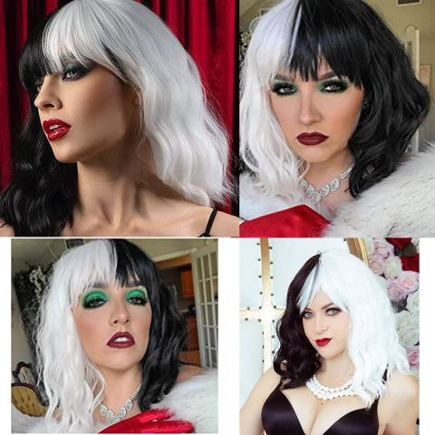 Peruka włosy czarno biała cosplay halloween anime krótkie Cruella 35cm Peruka włosy czarno biała cosplay halloween anime krótkie Cruella 35cm