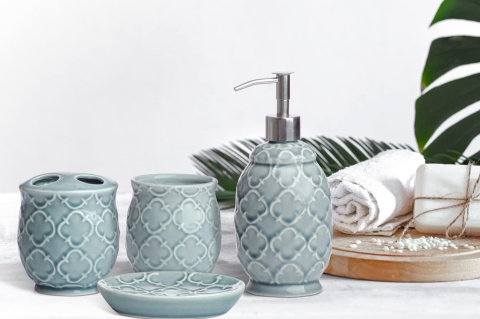 CERAMICZNY ZESTAW ŁAZIENKOWY 4 ELEMENTY DOZOWNIK KUBEK MYDELNICZKA UCHWYT CERAMICZNY ZESTAW ŁAZIENKOWY 4 ELEMENTY DOZOWNIK KUBEK MYDELNICZKA UCHWYT