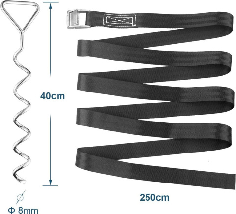 Kotwy mocujące do trampoliny spiralne zestaw 4szt 40cm pasy 2,5m Kotwy mocujące do trampoliny spiralne zestaw 4szt 40cm pasy 2,5m