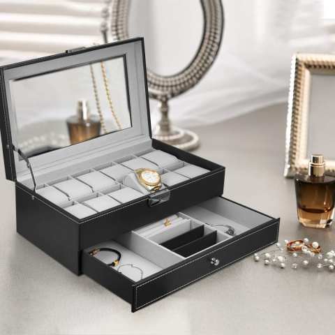 Pojemna Szkatułka Organizer Eleganckie Pudełko Kuferek na Biżuterię Zegarki Pojemna Szkatułka Organizer Eleganckie Pudełko Kuferek na Biżuterię Zegarki