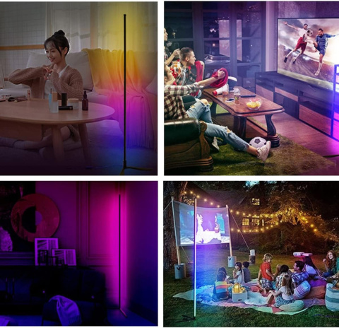 Lampa podłogowa narożna stojąca LED RGB pilot aplikacja czarna 160cm ściemnianie Lampa podłogowa narożna stojąca LED RGB pilot aplikacja czarna 160cm ściemnianie