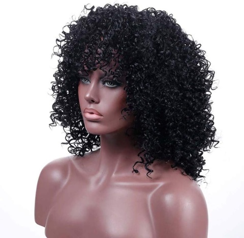Puszyste Faliste kręcone Brazylijskie Włosy Peruka z Grzywką Czarny Afro Puszyste Faliste kręcone Brazylijskie Włosy Peruka z Grzywką Czarny Afro
