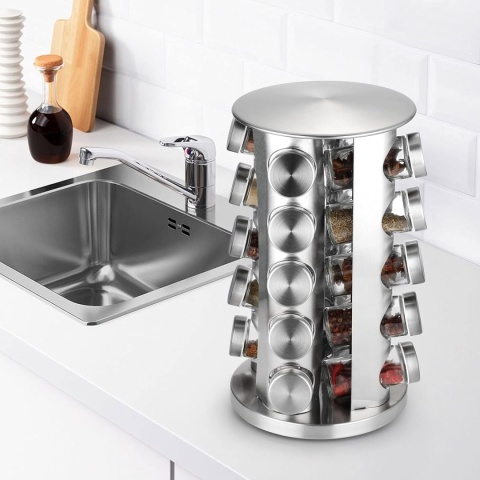 DUŻY OBROTOWY STOJAK NA PRZYPRAWY 20 SZKLANYCH SŁOIKÓW KARUZELA PRZYPRAWNIK ORGANIZER