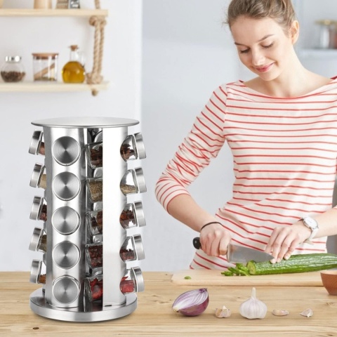 DUŻY OBROTOWY STOJAK NA PRZYPRAWY 20 SZKLANYCH SŁOIKÓW KARUZELA PRZYPRAWNIK ORGANIZER