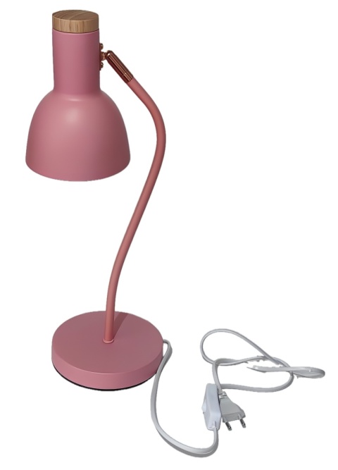 różowa lampka biurkowa regulowany klosz metal drewno