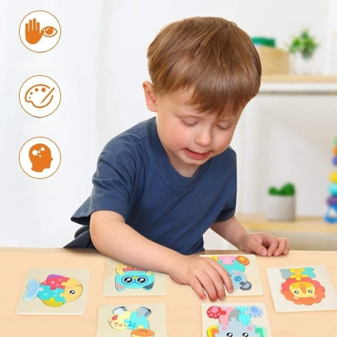 Drewniane puzzle dla dzieci 6-elementowa układanka TOLOYE ze zwierzętami 