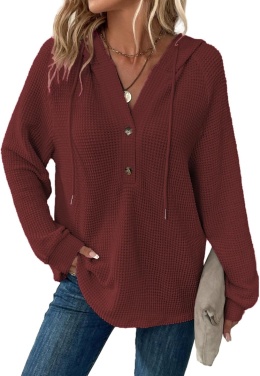 SWETER Damska bluza oversize z kapturem i dekoltem w serek XL DZIANINA WAFLOWA