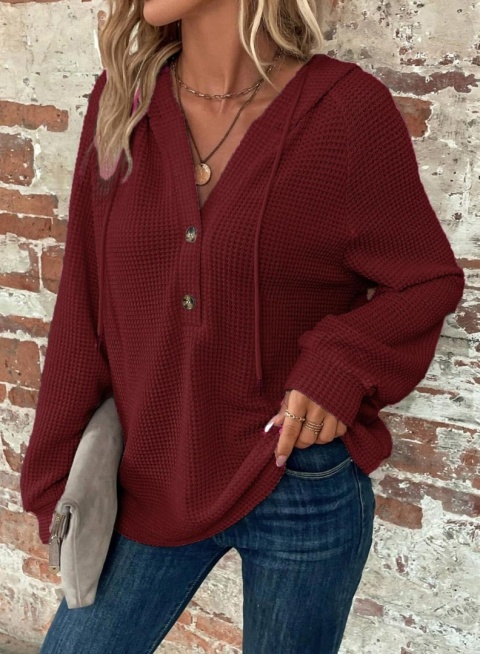 SWETER Damska bluza oversize z kapturem i dekoltem w serek XL DZIANINA WAFLOWA