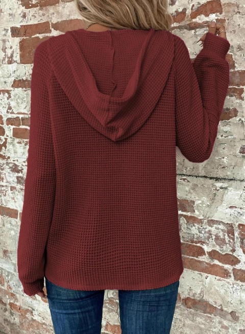 SWETER Damska bluza oversize z kapturem i dekoltem w serek XL DZIANINA WAFLOWA