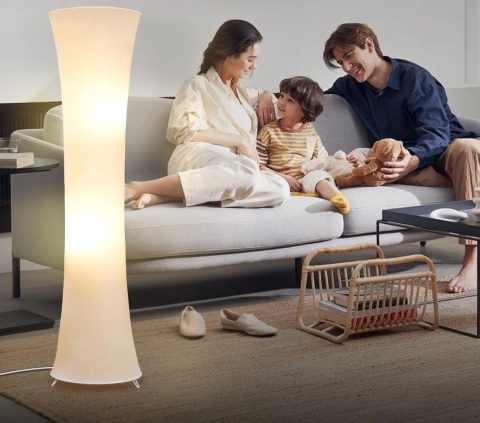 Lampa podłogowa kolumnowa tekstylna lampka stojąca klepsydra regulowane światło temperatura