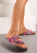 Klapki na KORKOWEJ PODESZWIE z KORALIKAMI I CEKINAMI  Fuksja 36 ETNICZNE