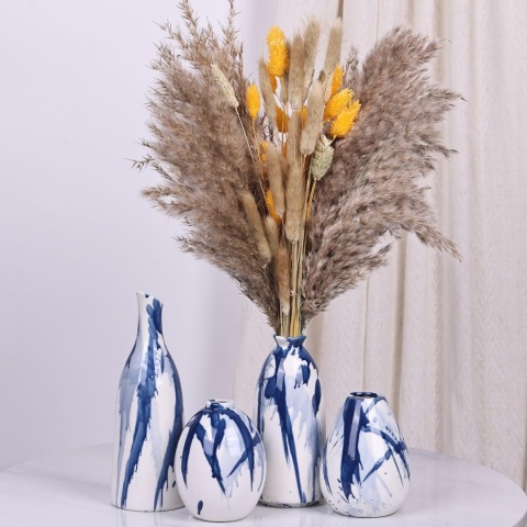 Zestaw 4 ceramicznych wazonów nowoczesny styl wiejski dekoracja biały niebieski