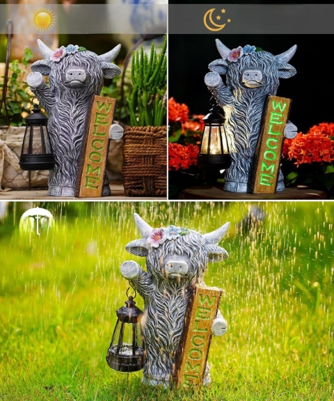 GOODECO Figurka Solarna Krowa Highland z Lampionem 27,6 cm solarna