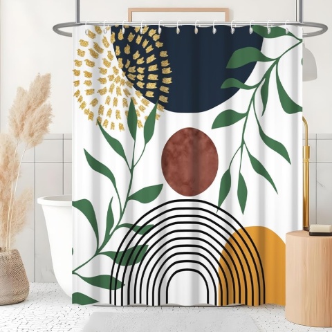 Zasłona prysznicowa 240 x 180cm boho mid-century modern zielone liście ABSTRAKCJA