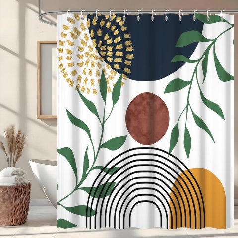 Zasłona prysznicowa 240 x 180cm boho mid-century modern zielone liście ABSTRAKCJA