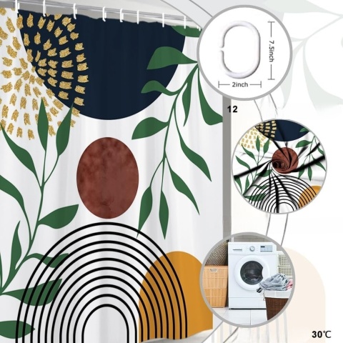 Zasłona prysznicowa 240 x 180cm boho mid-century modern zielone liście ABSTRAKCJA