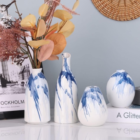Zestaw 4 ceramicznych wazonów nowoczesny styl wiejski dekoracja biały niebieski
