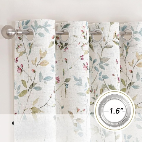 Zasłony komplet 2 sztuki 140x229 Boho Len Liście Kwiaty zasłona kółka