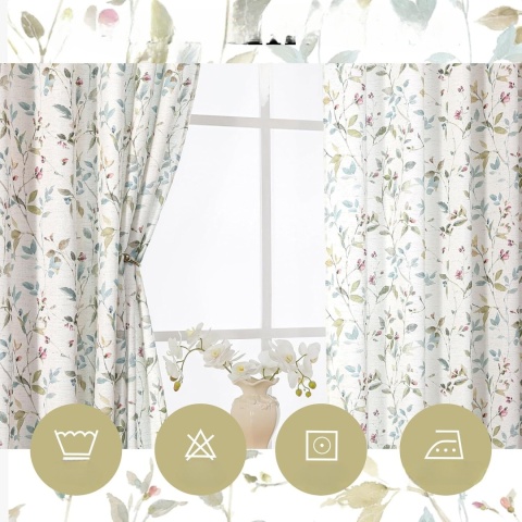Zasłony komplet 2 sztuki 140x229 Boho Len Liście Kwiaty zasłona kółka