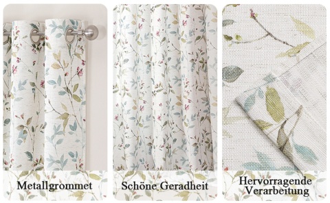 Zasłony komplet 2 sztuki 140x229 Boho Len Liście Kwiaty zasłona kółka
