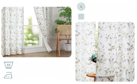 Zasłony komplet 2 sztuki 140x229 Boho Len Liście Kwiaty zasłona kółka