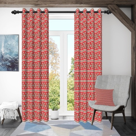 Zasłona zaciemniająca 2 szt zasłony vintage wzór geometryczny 117x138cm czerwona zielona