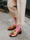 Mokasyny damskie loafersy na słupku retro brąz 38 PANTOFLE NA OBCASIE