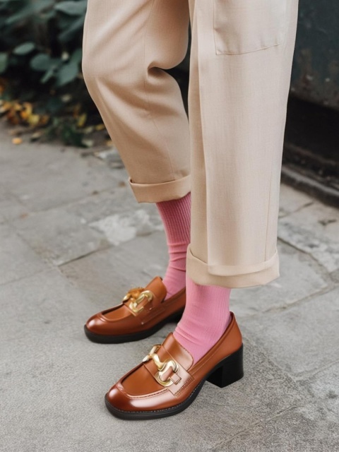 Mokasyny damskie loafersy na słupku retro brąz 38 PANTOFLE NA OBCASIE