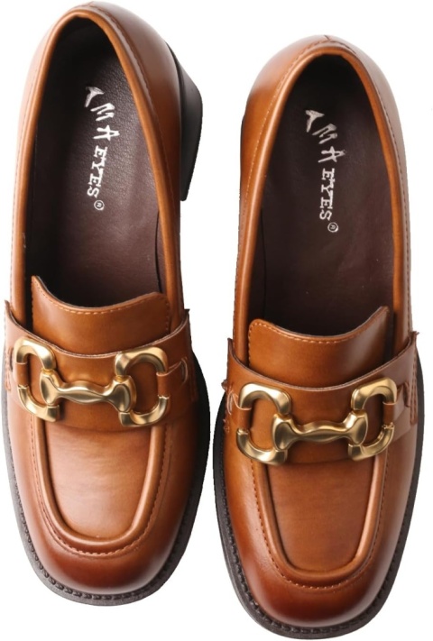 Mokasyny damskie loafersy na słupku retro brąz 38 PANTOFLE NA OBCASIE