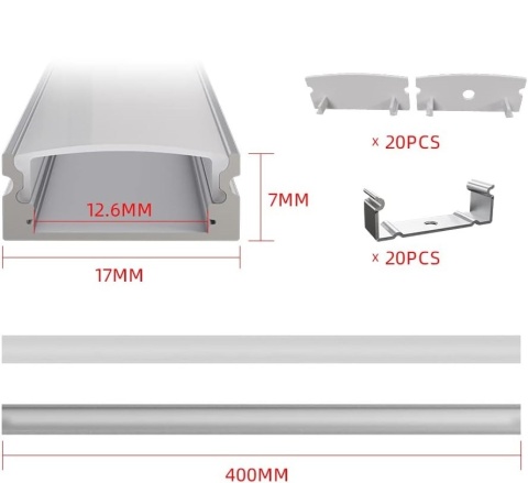 CUQI Profil LED aluminiowy 10x40cm mleczna osłonka PC zaślepki klipsy montażowe 10 szt.