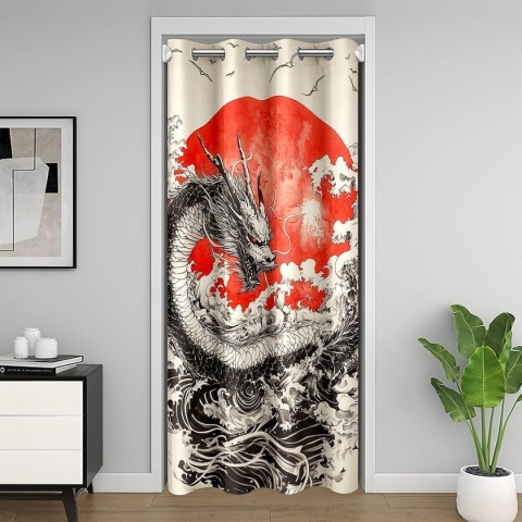 Zasłona drzwiowa Noren wzór smok fala 106 x 203cm - Czerwona