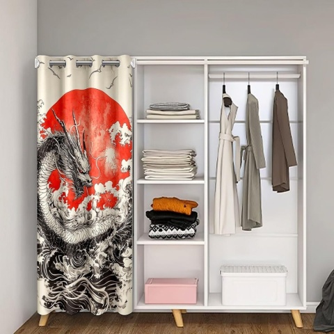 Zasłona drzwiowa Noren wzór smok fala 106 x 203cm - Czerwona